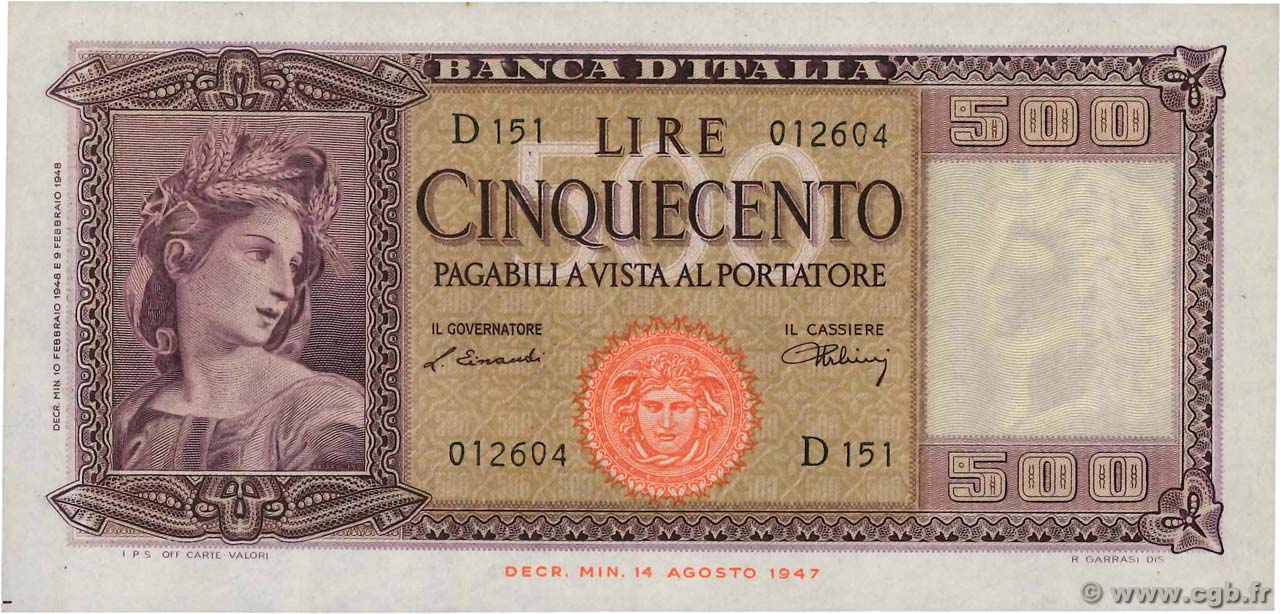 500 Lire ITALIE  1948 P.080a pr.NEUF