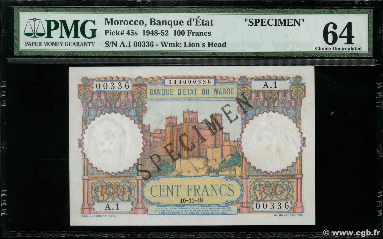 100 Francs Spécimen MAROC  1948 P.45s pr.NEUF