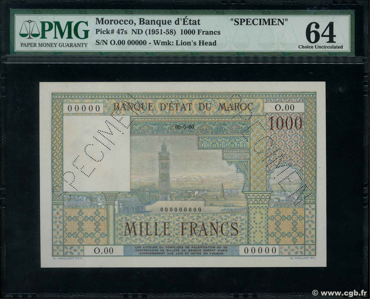1000 Francs Spécimen MAROKKO  1951 P.47s fST+