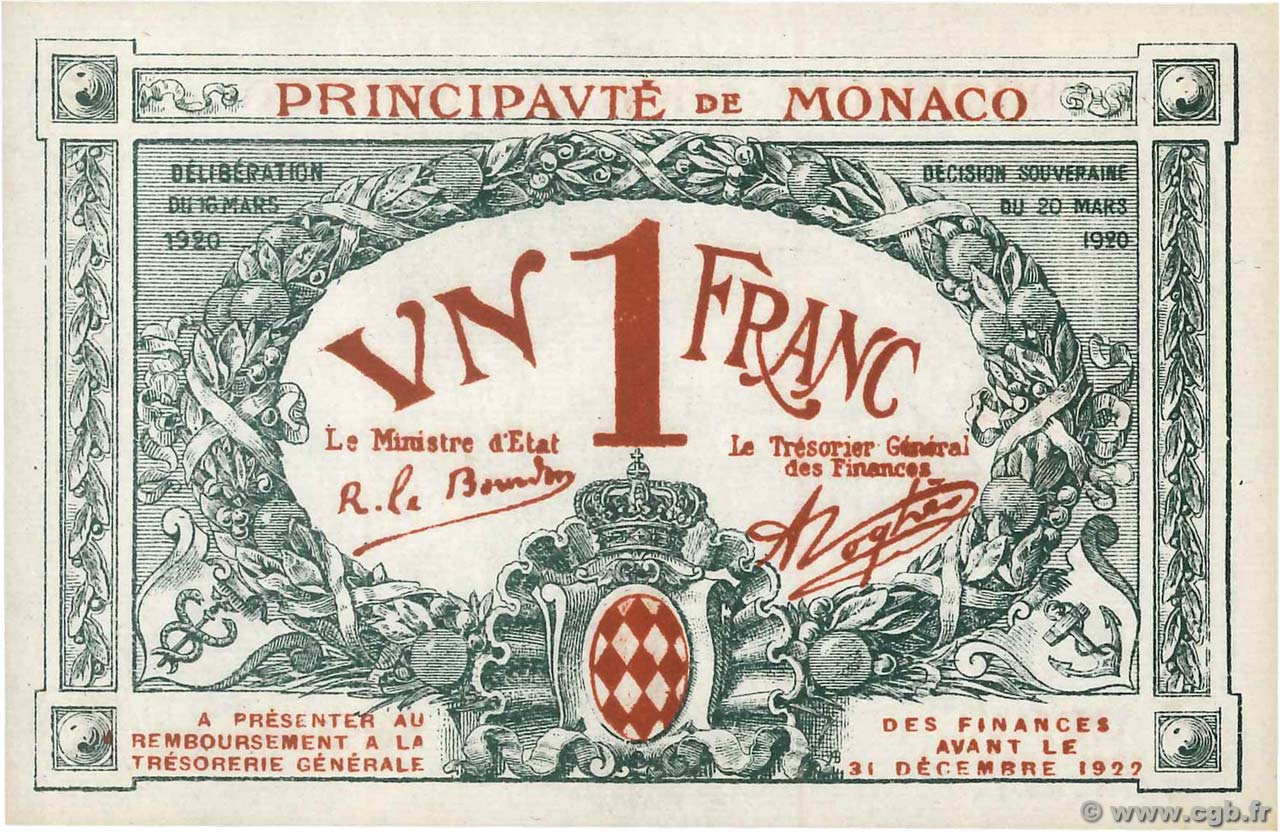 1 Franc Spécimen MONACO  1920 P.05s NEUF