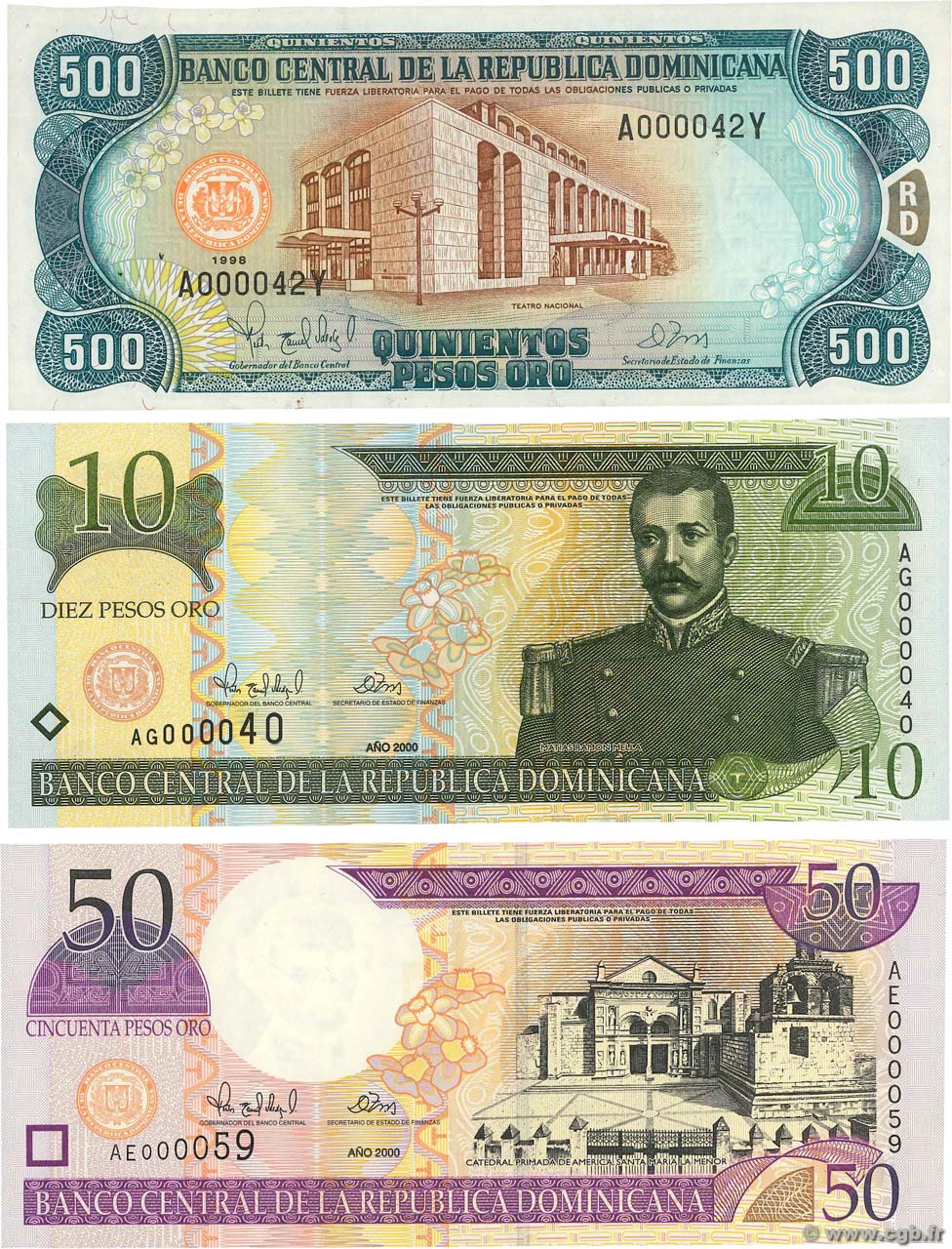 500, 10 et 50 Pesos Oro Lot RÉPUBLIQUE DOMINICAINE  1997 P.157c, P.161a et P.165a NEUF