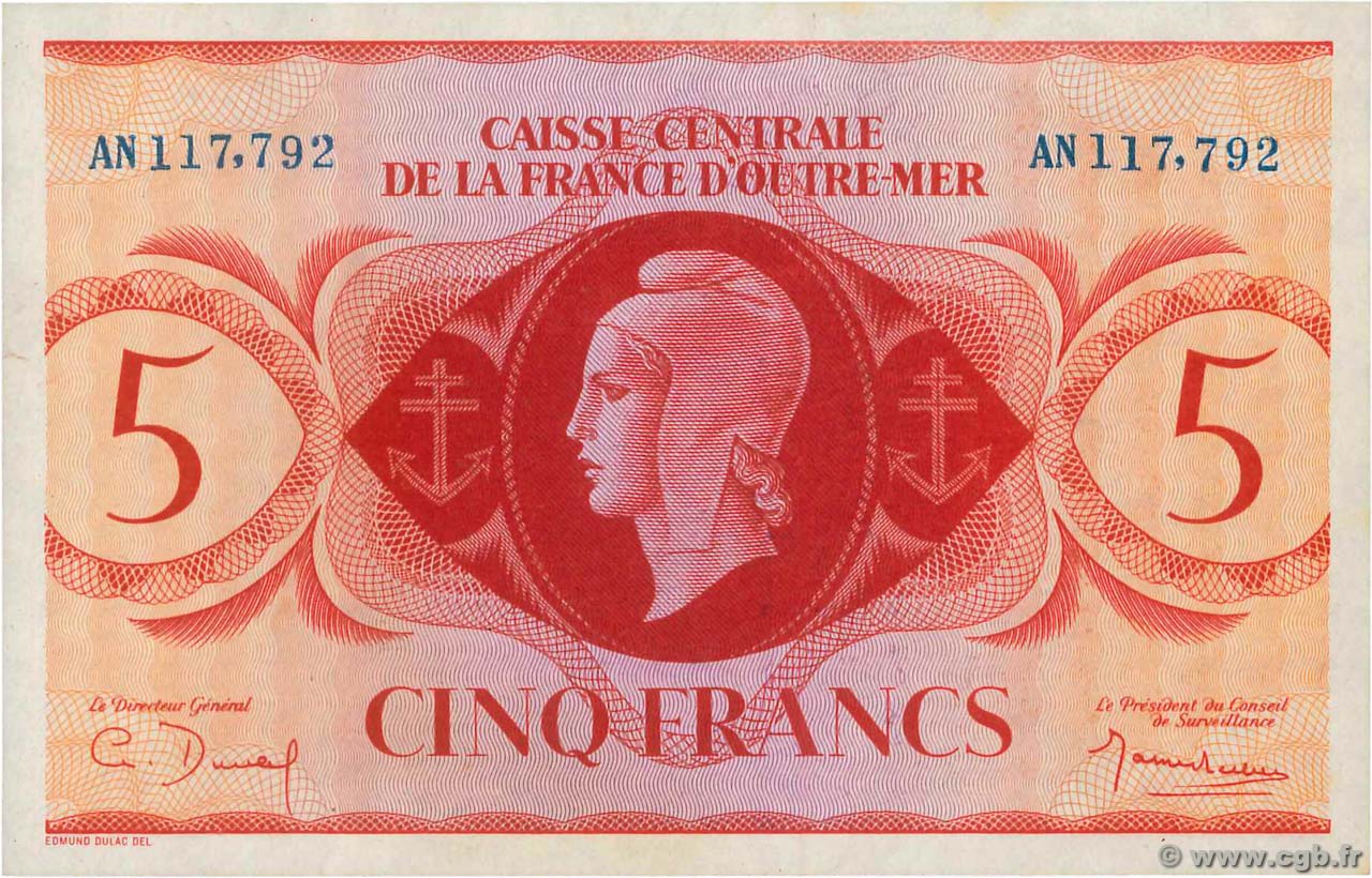 5 Francs ÎLE DE LA RÉUNION  1944 P.36var SUP