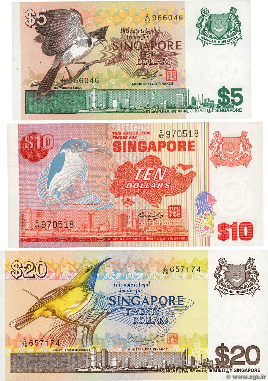 5, 10 et 20 Dollars Lot SINGAPORE  1979 P.10, P.11b et P.12 UNC