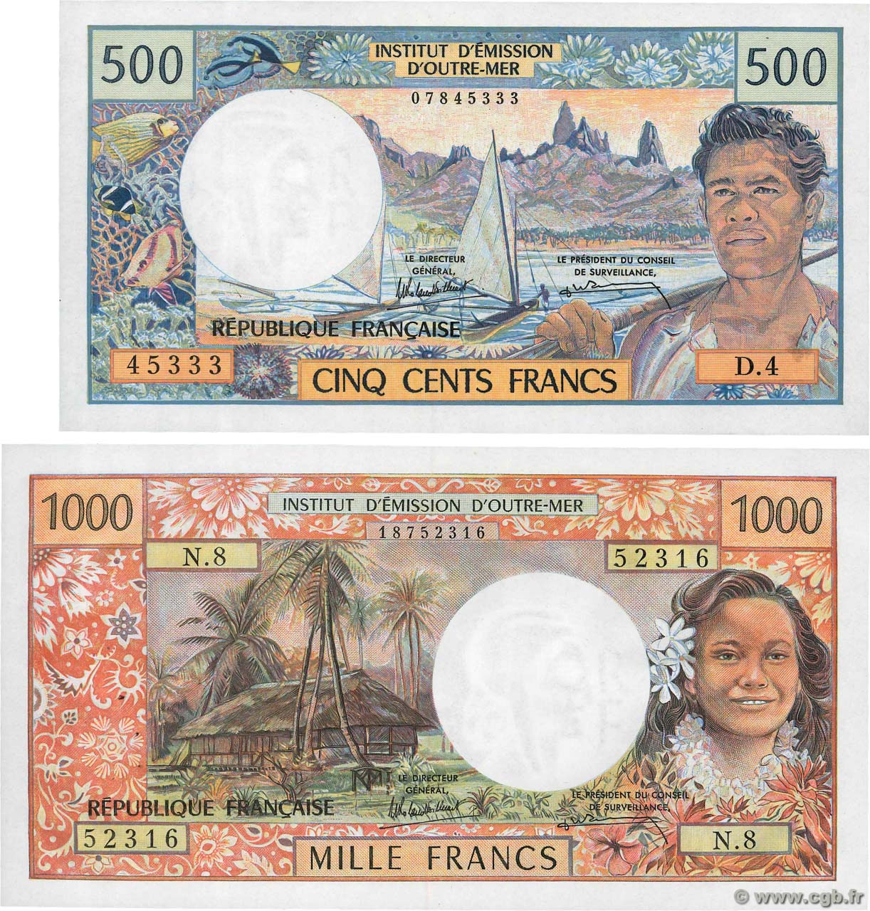 500 et 1000 Francs Lot TAHITI Papeete 1985 P.25d et P.27d pr.NEUF