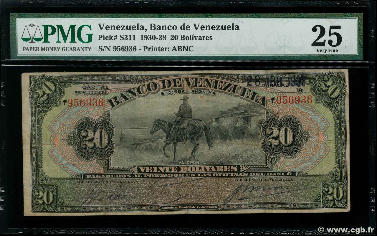20 Bolivares VENEZUELA  1937 PS.311a BC