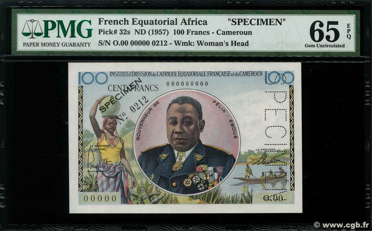 100 Francs Spécimen AFRIQUE ÉQUATORIALE FRANÇAISE  1957 P.32s ST