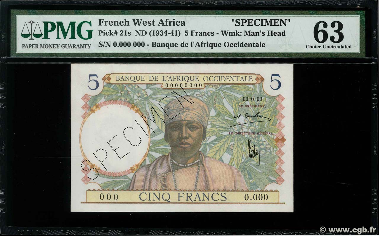 5 Francs Spécimen AFRIQUE OCCIDENTALE FRANÇAISE (1895-1958)  1934 P.21s pr.NEUF