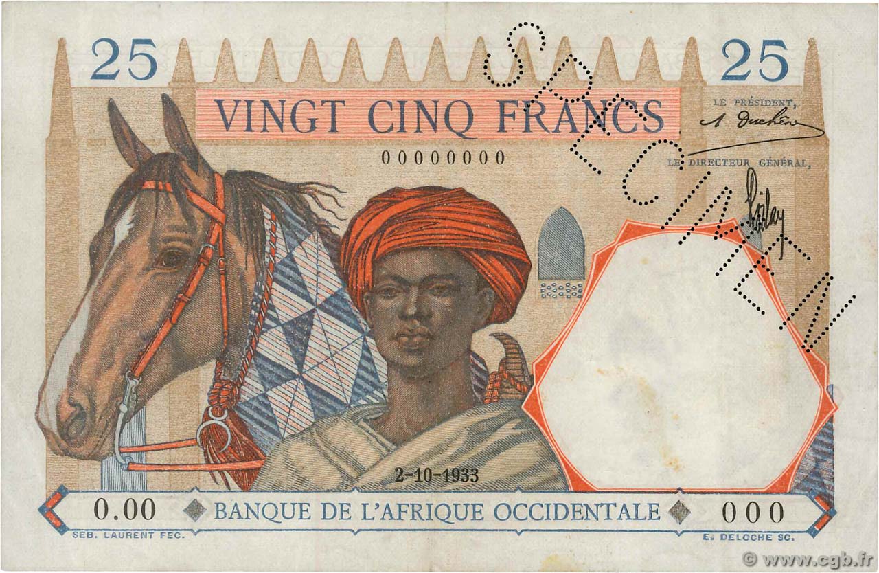 25 Francs Spécimen FRENCH WEST AFRICA (1895-1958)  1933 P.22s VF+