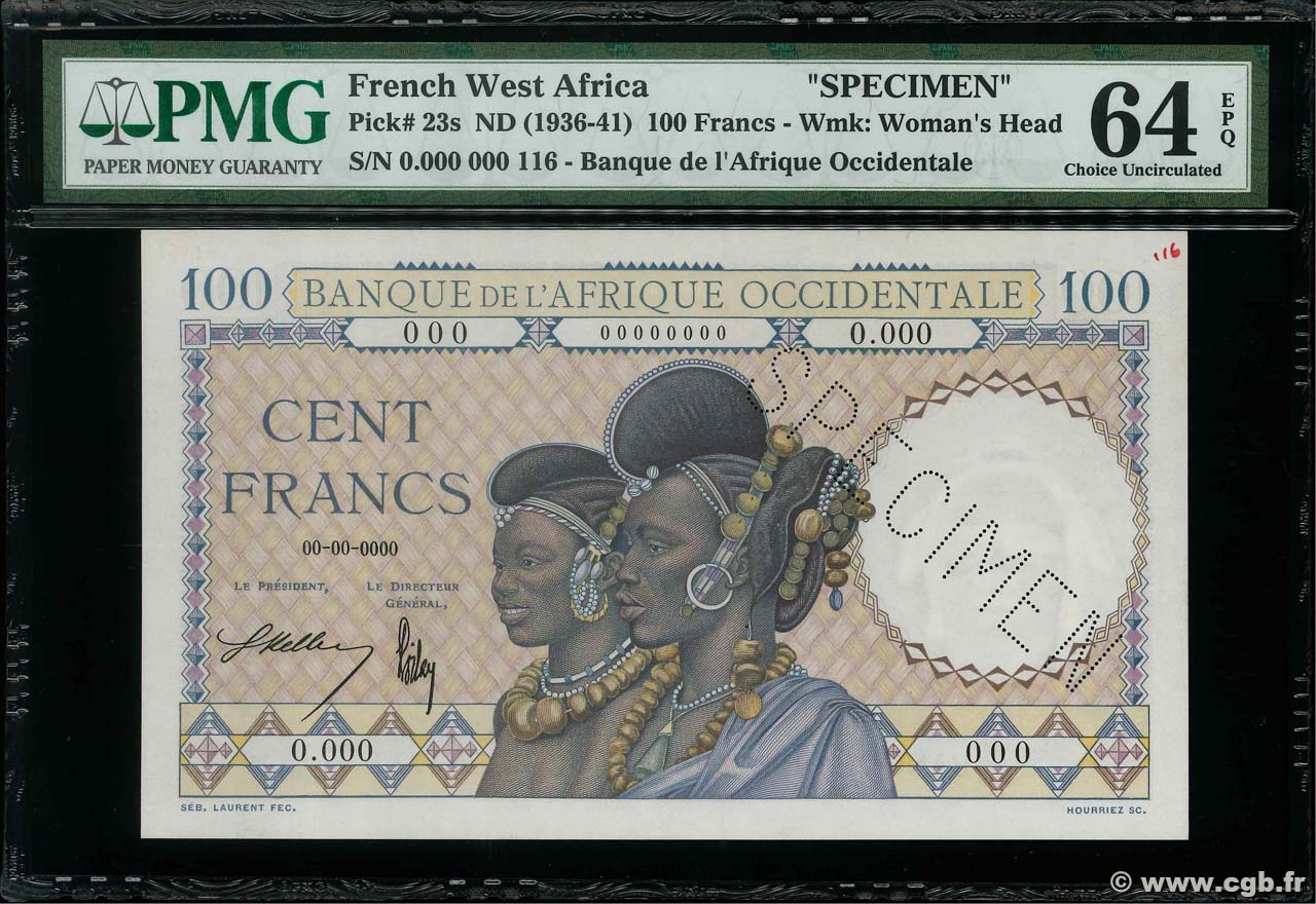 100 Francs Spécimen FRENCH WEST AFRICA  1936 P.23s SC+