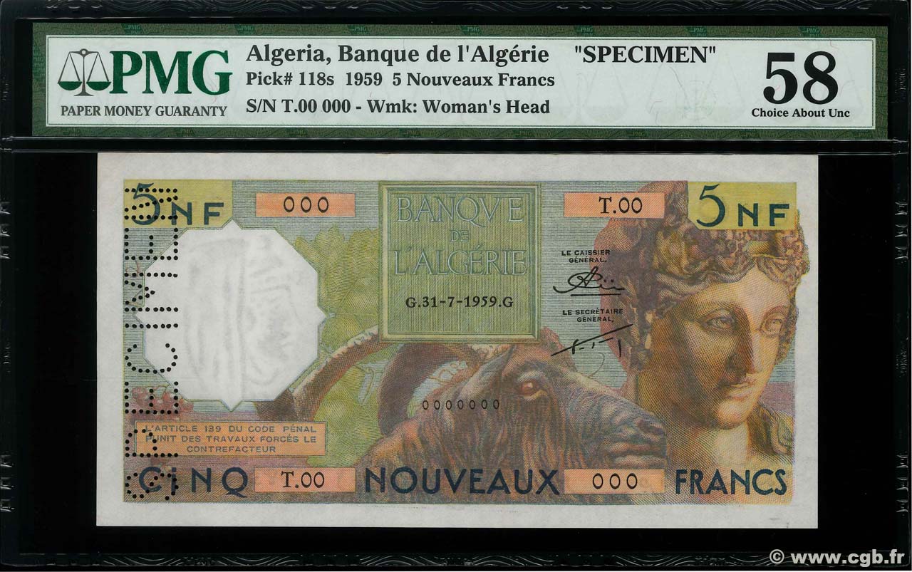 5 Nouveaux Francs Spécimen ALGERIEN  1959 P.118s fST+