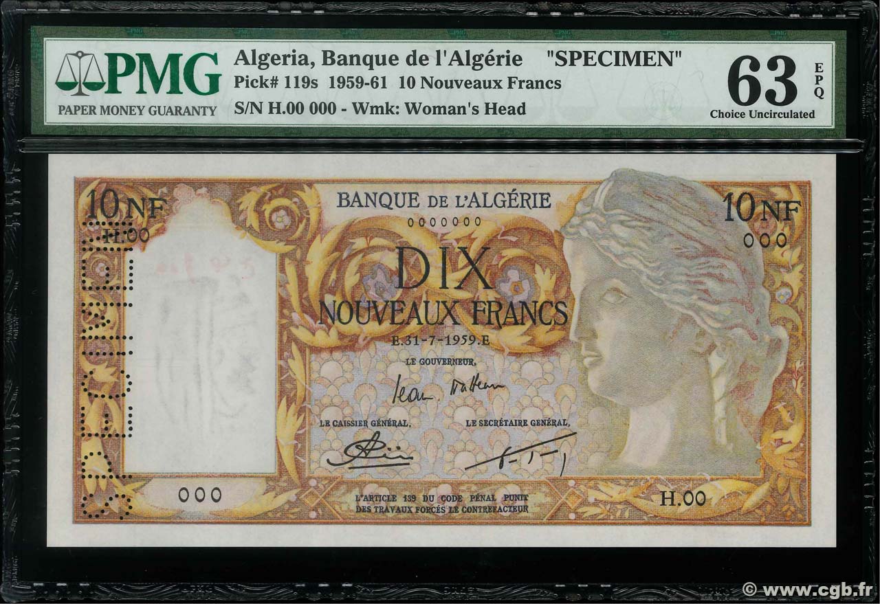 10 Nouveaux Francs Spécimen ALGÉRIE  1959 P.119s pr.NEUF
