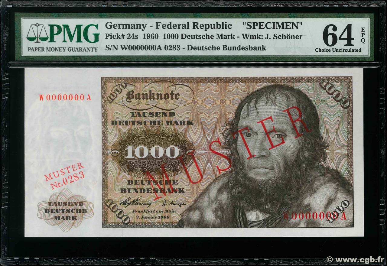 1000 Deutsche Mark Spécimen GERMAN FEDERAL REPUBLIC  1960 P.24s fST+