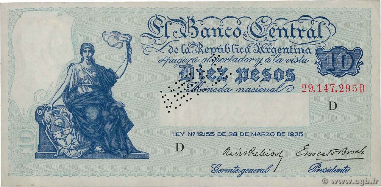 10 Pesos Annulé ARGENTINE  1936 P.253s SUP+