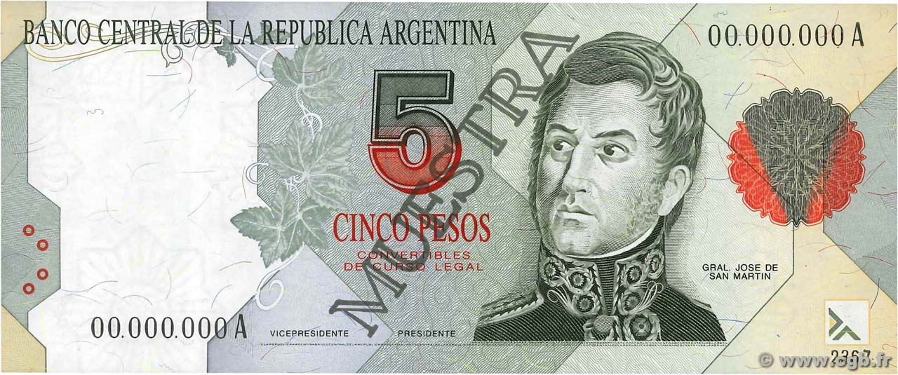 5 Pesos Spécimen ARGENTINE  1992 P.341s NEUF