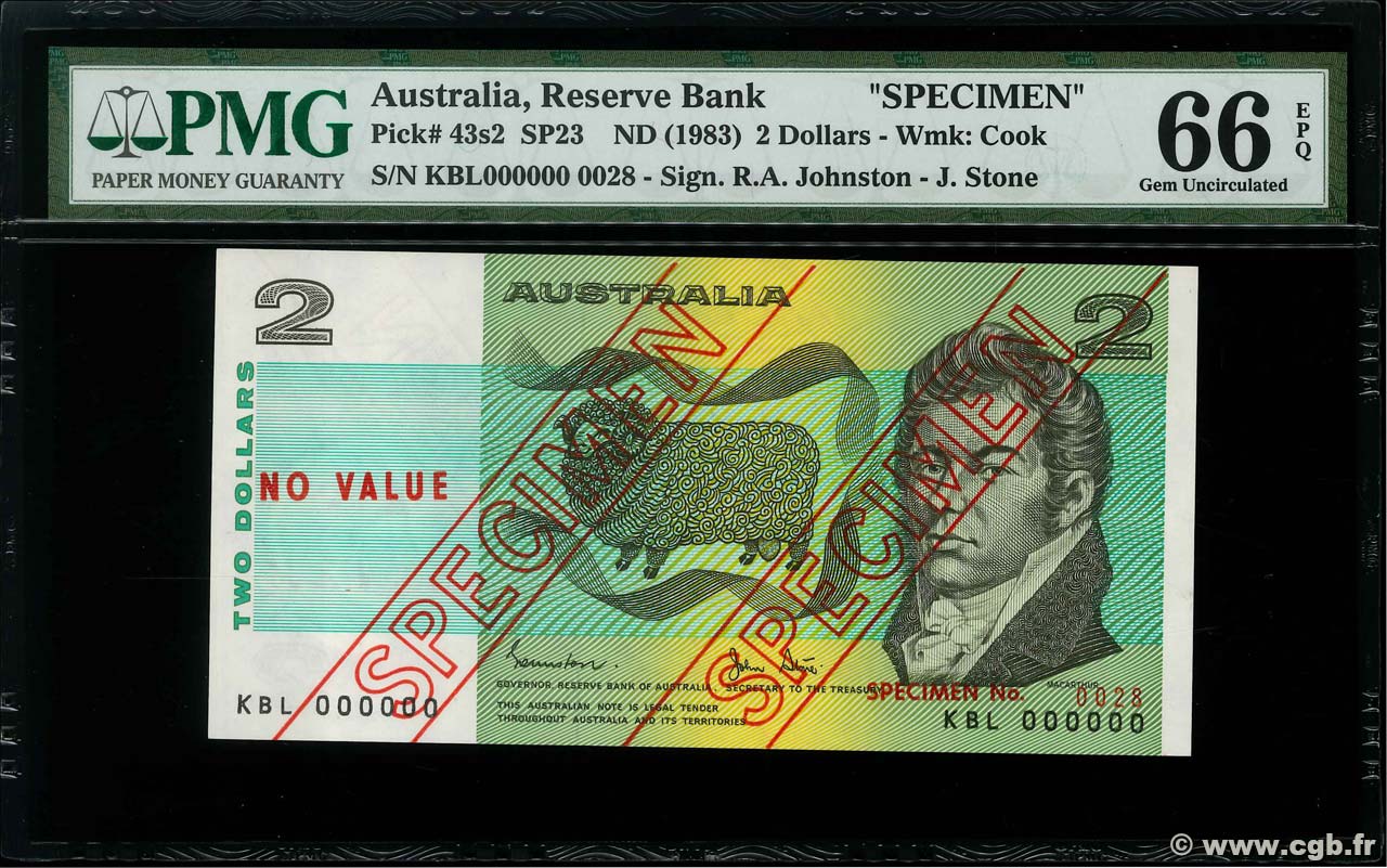 2 Dollars Spécimen AUSTRALIE  1983 P.43ds NEUF