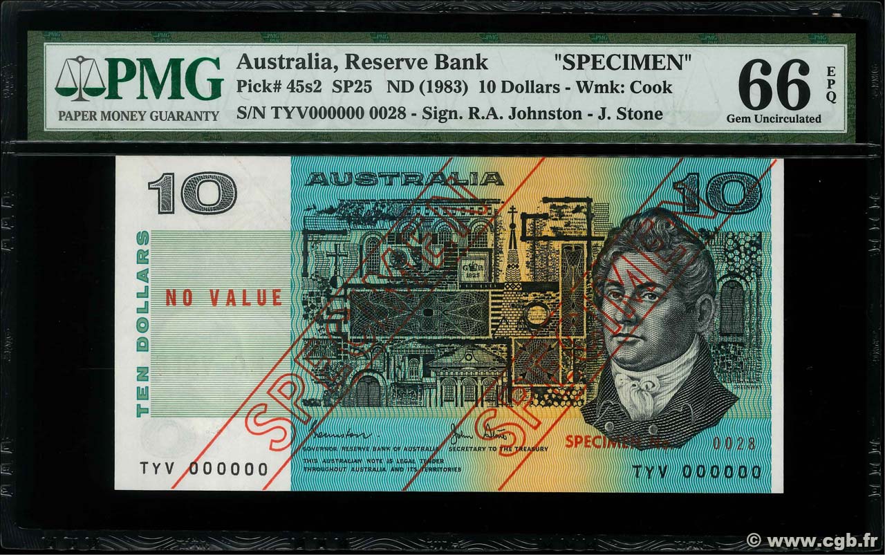 10 Dollars Spécimen AUSTRALIE  1983 P.45ds NEUF