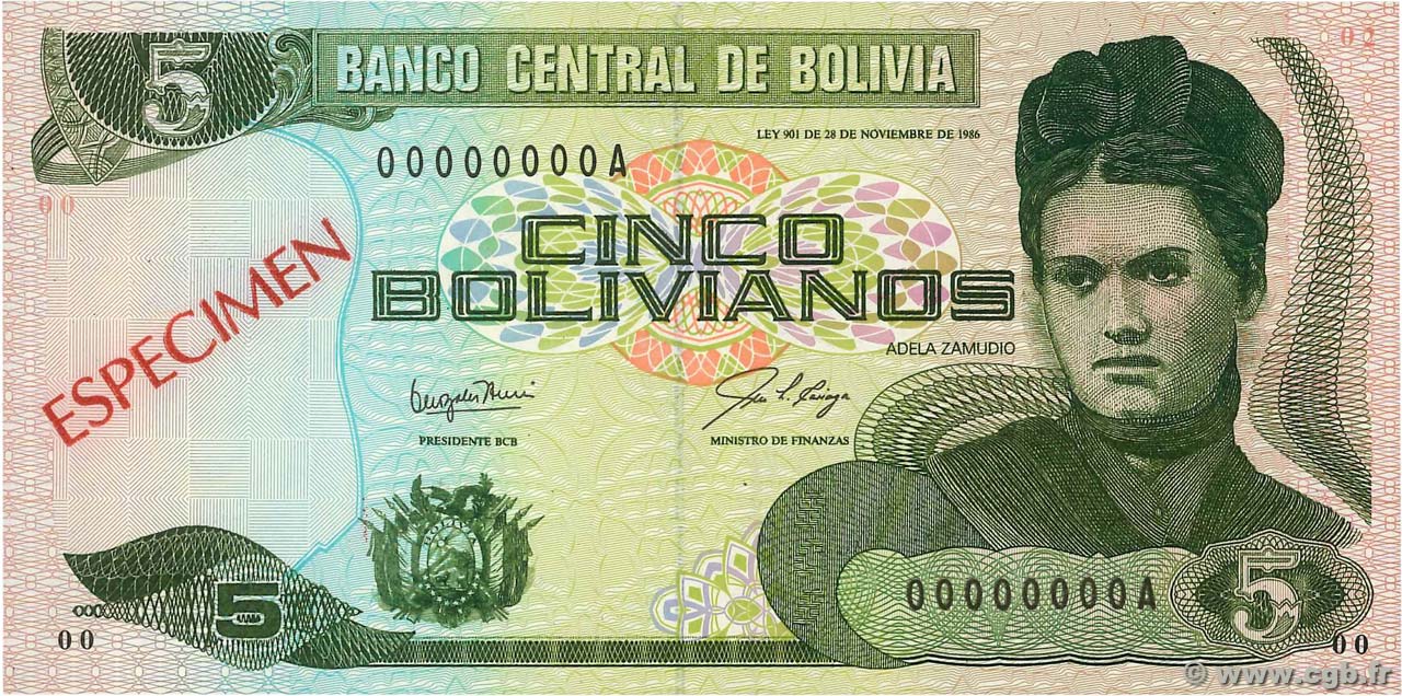 5 Bolivianos Spécimen BOLIVIA  1987 P.203s UNC