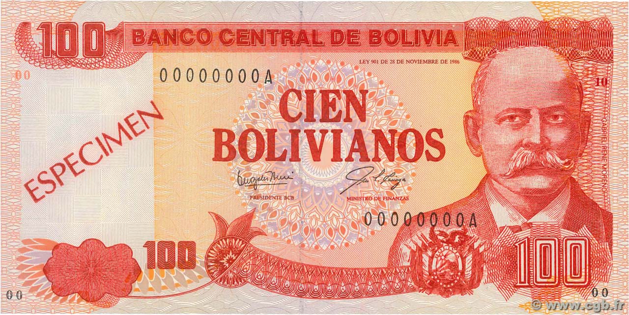 100 Bolivianos Spécimen BOLIVIA  1987 P.207s q.FDC