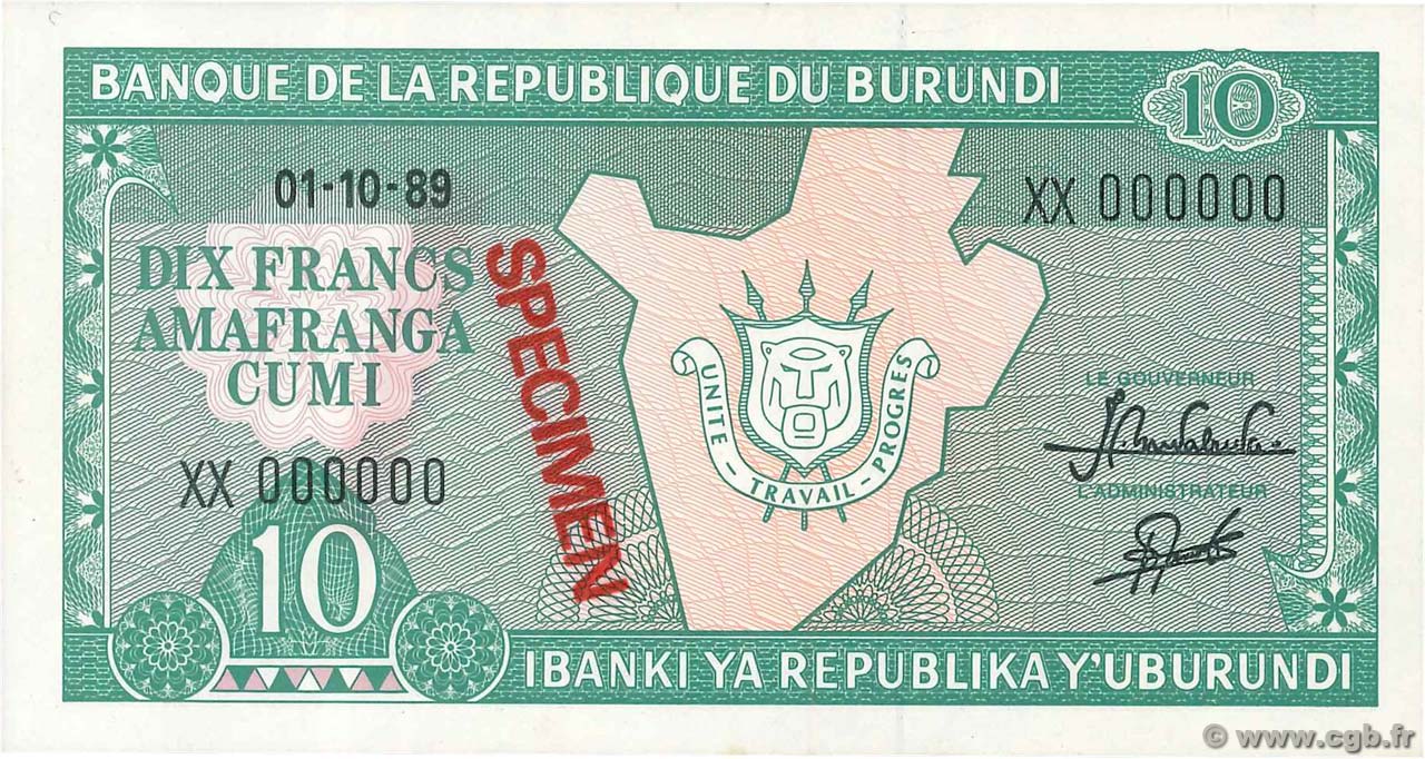10 Francs Spécimen BURUNDI  1989 P.33bs UNC-