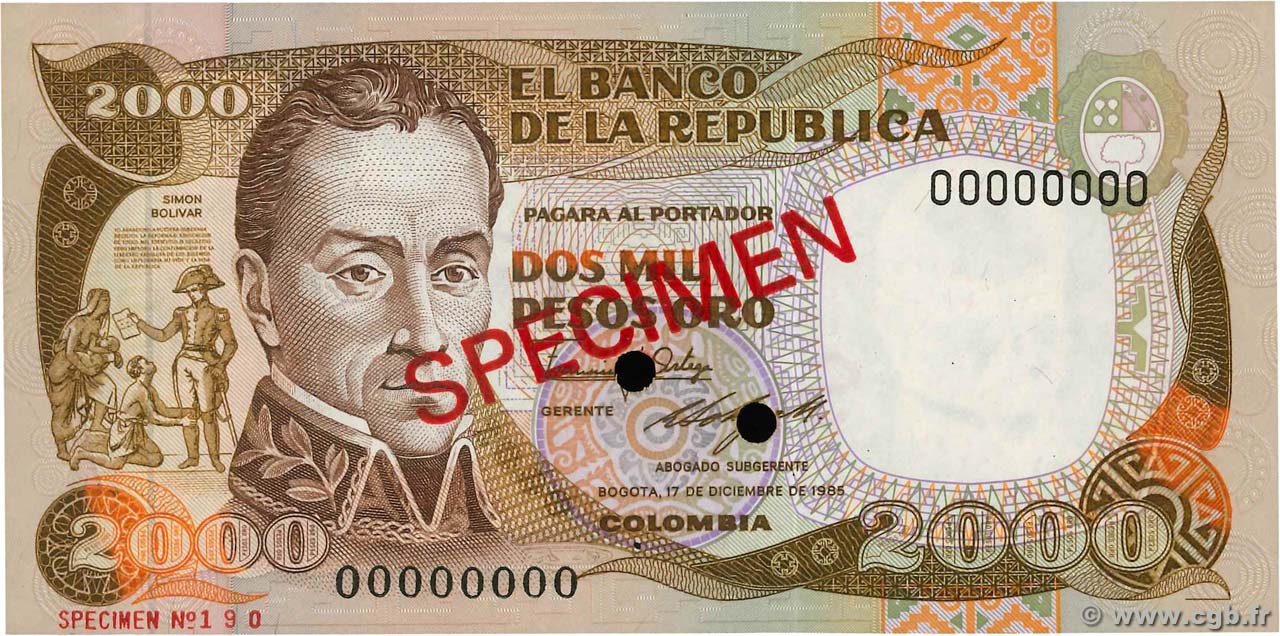 2000 Pesos Oro Spécimen COLOMBIA  1985 P.430cs SC+