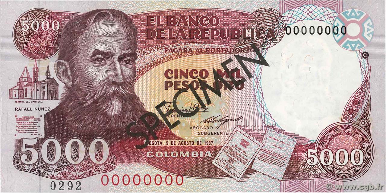 5000 Pesos Oro Spécimen COLOMBIA  1987 P.435s SC+