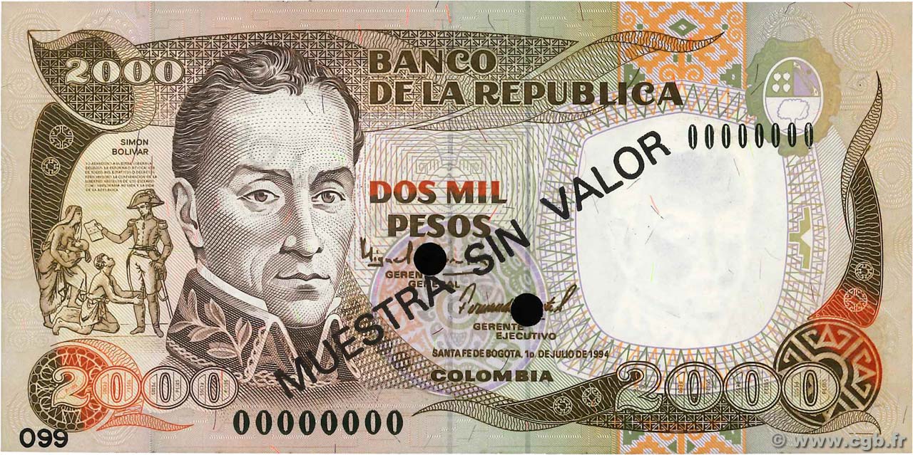 2000 Pesos Oro Spécimen COLOMBIA  1994 P.439bs q.FDC