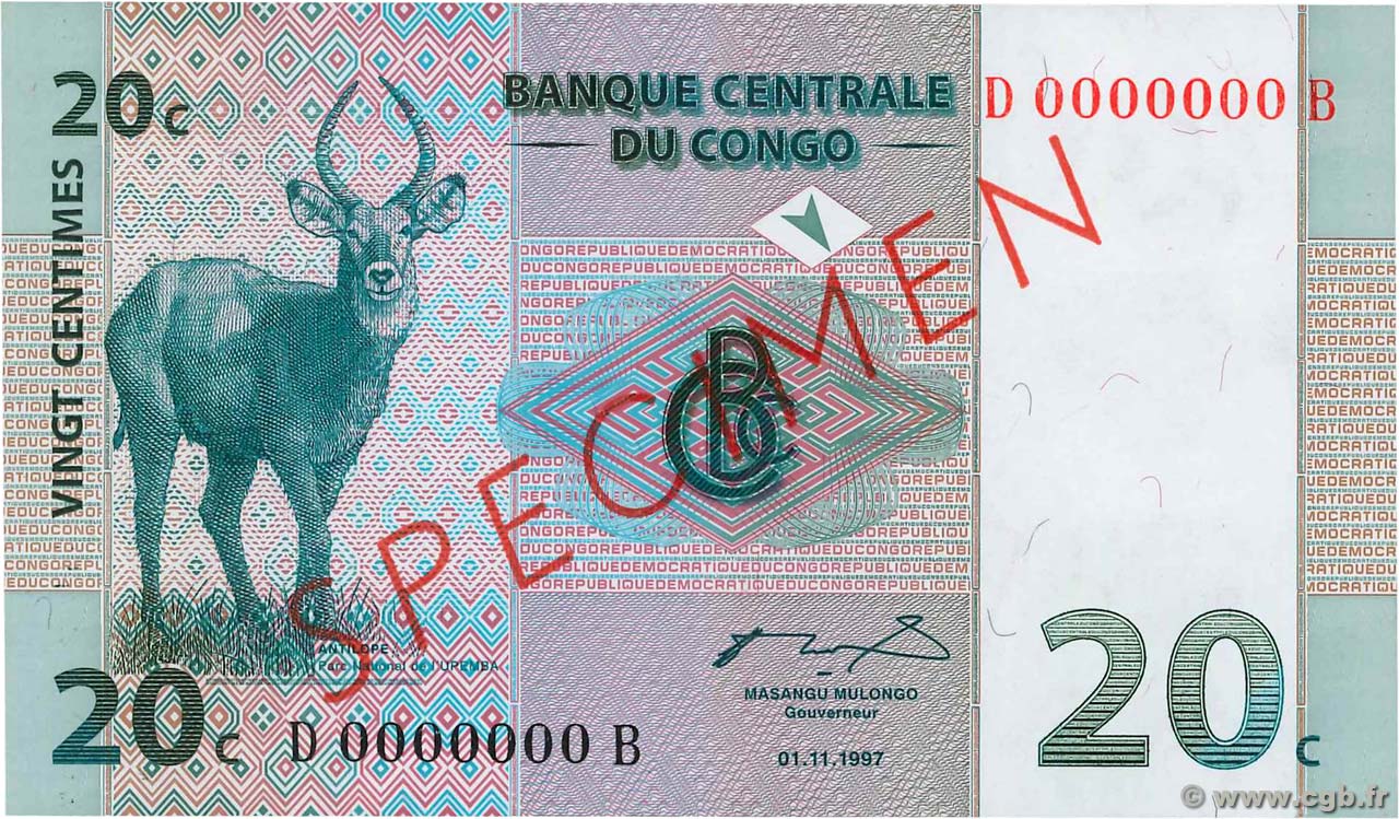 20 Centimes Spécimen CONGO (RÉPUBLIQUE)  1997 P.083s NEUF