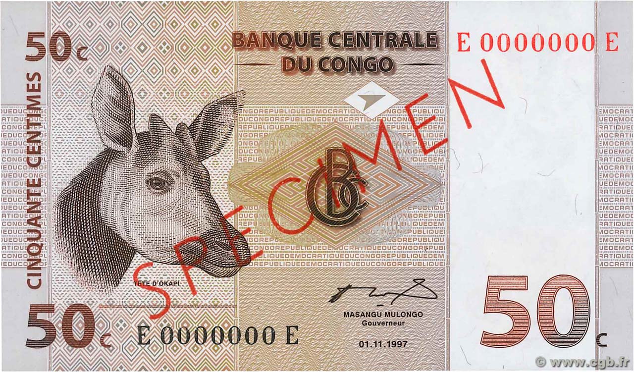 50 Centimes Spécimen CONGO (RÉPUBLIQUE)  1997 P.084As NEUF