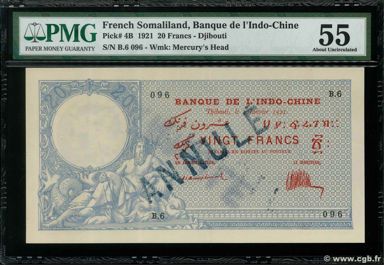 20 Francs Annulé DJIBOUTI  1921 P.04Bs SPL