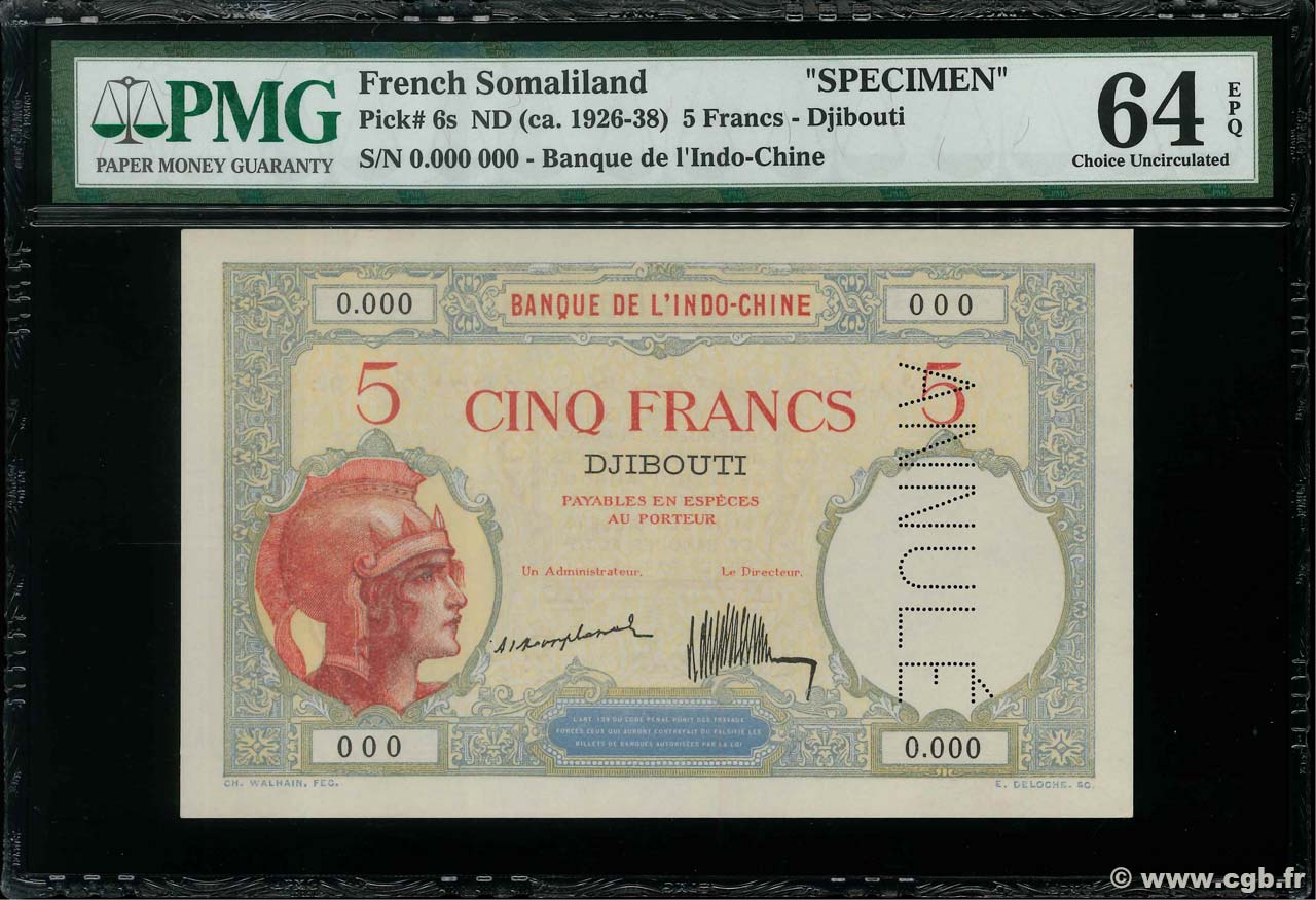 5 Francs Spécimen DSCHIBUTI   1921 P.06as fST+