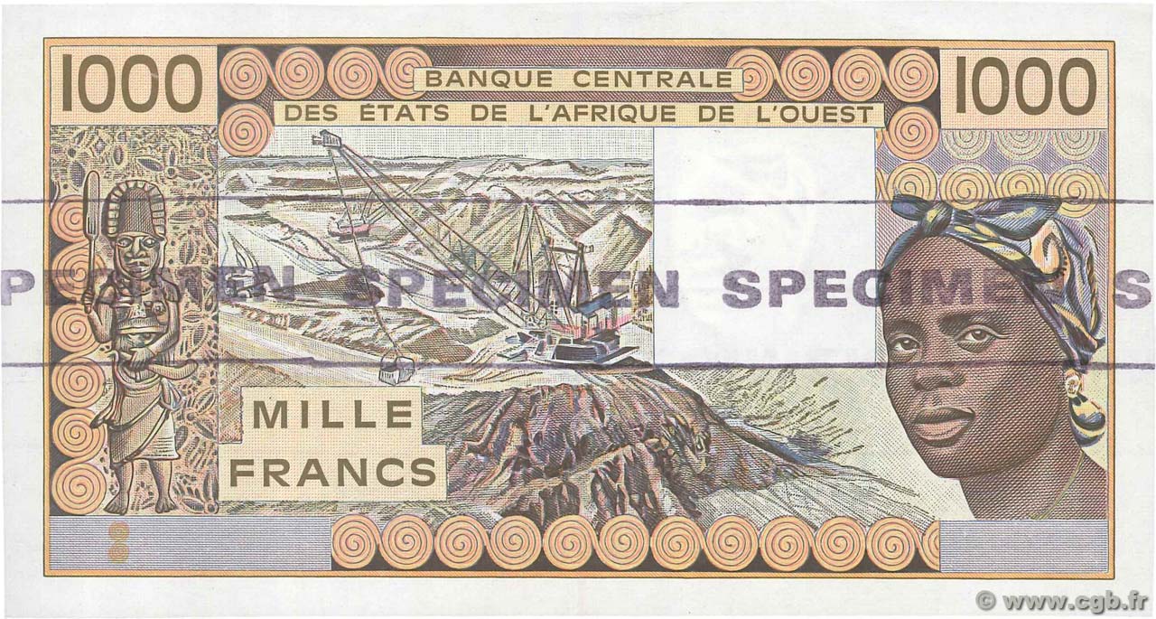 1000 Francs Épreuve ESTADOS DEL OESTE AFRICANO  1988 P.107s SC+
