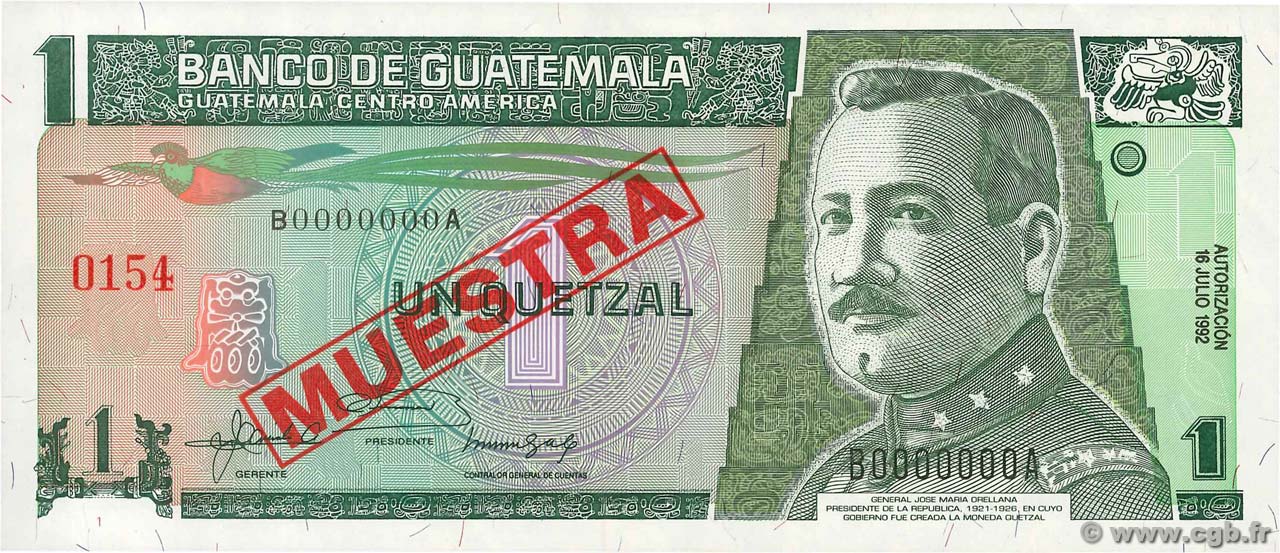1 Quetzal Spécimen GUATEMALA  1992 P.080s fST+