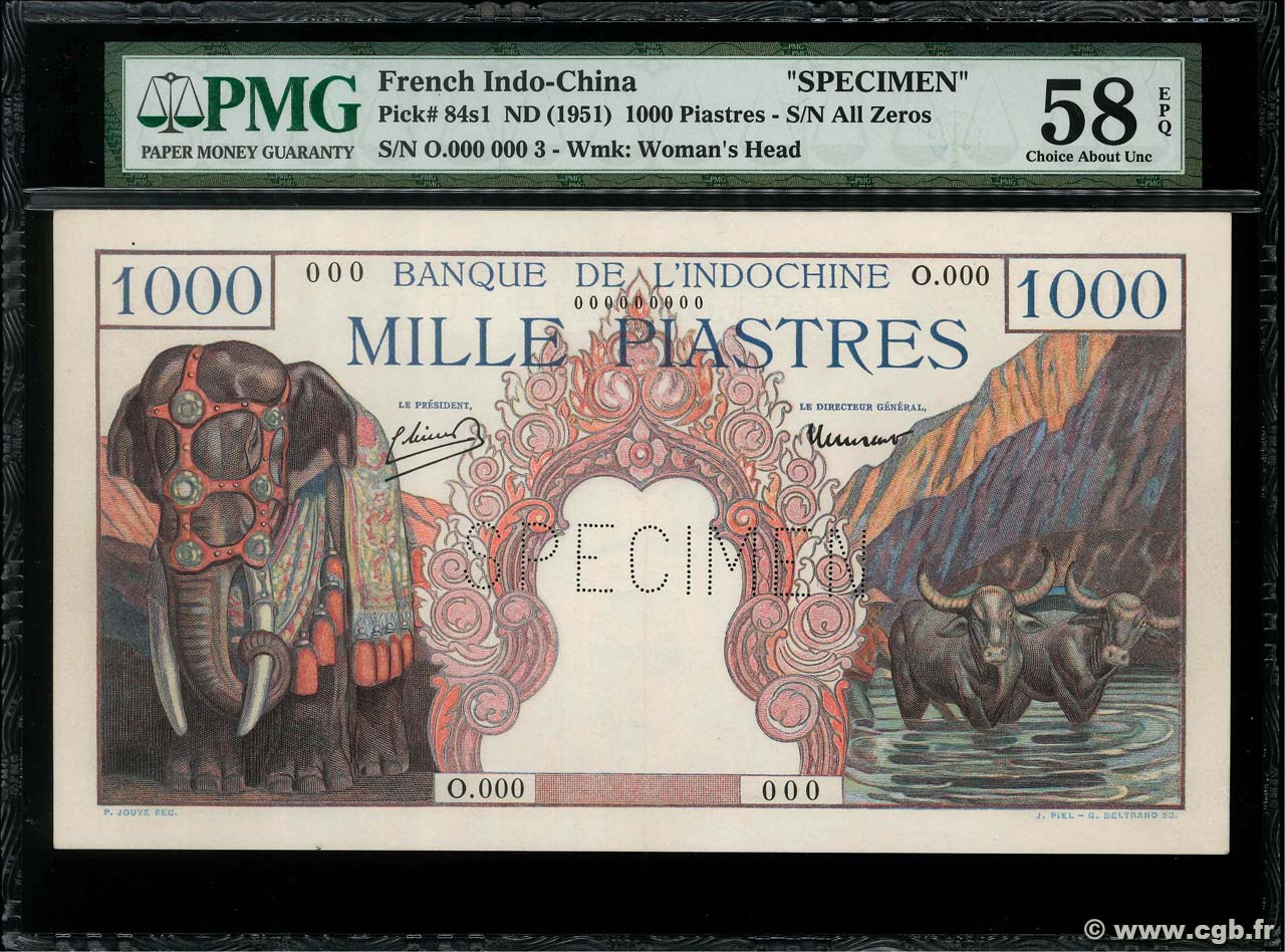 1000 Piastres Spécimen FRENCH INDOCHINA  1951 P.084s1 AU+