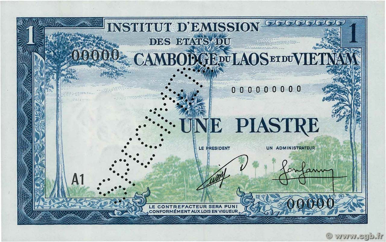 1 Piastre - 1 Riel Spécimen INDOCHINE FRANÇAISE  1954 P.094s pr.NEUF