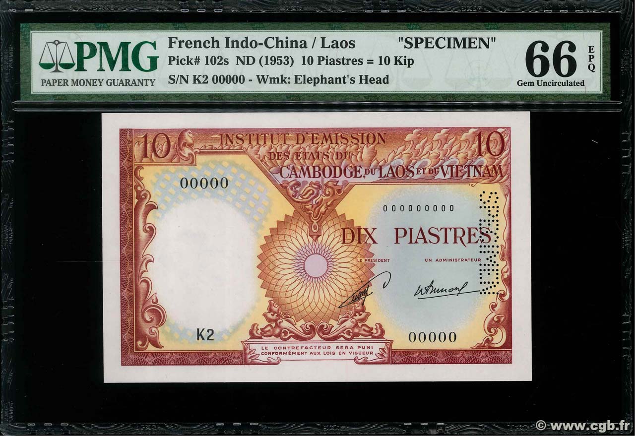 10 Piastres - 10 Kip Spécimen INDOCINA FRANCESE  1953 P.102s q.FDC