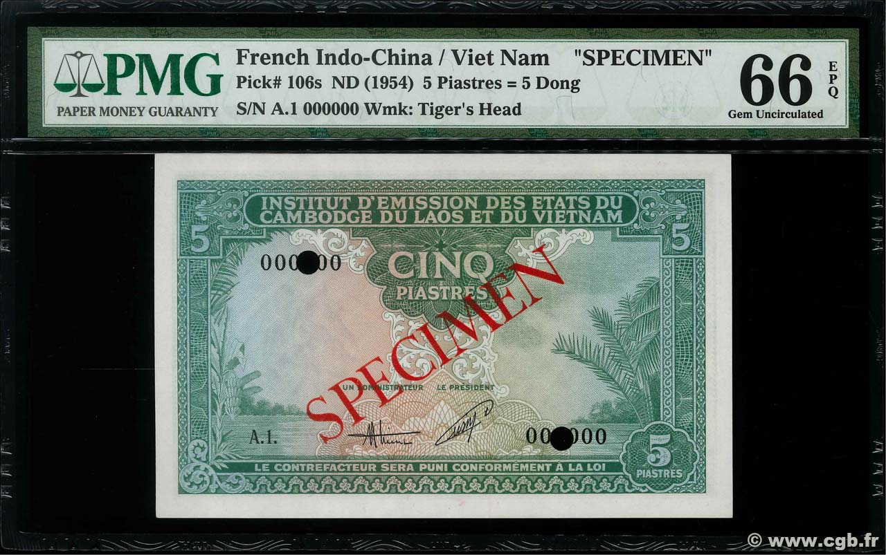5 Piastres - 5 Dong Spécimen FRENCH INDOCHINA  1953 P.106s UNC
