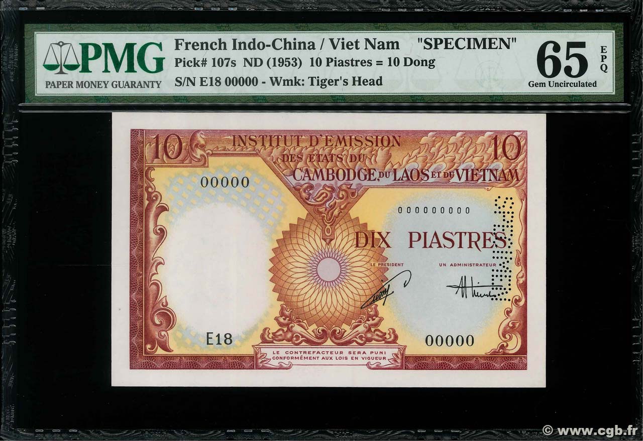 10 Piastres - 10 Dong Spécimen INDOCINA FRANCESE  1953 P.107s FDC