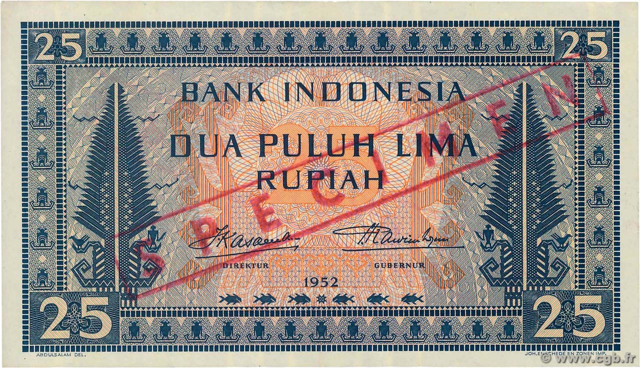 25 Rupiah Spécimen INDONÉSIE  1952 P.044as pr.NEUF