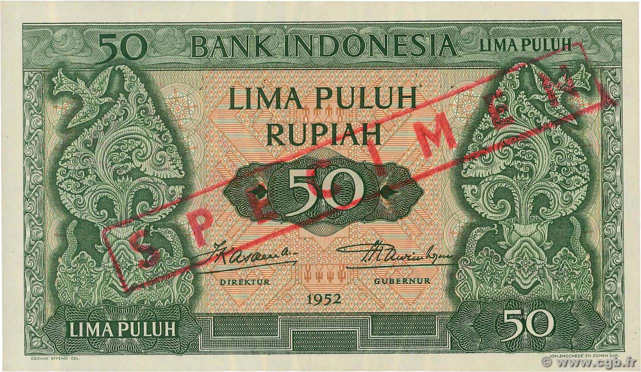 50 Rupiah Spécimen INDONESIA  1952 P.045s q.FDC
