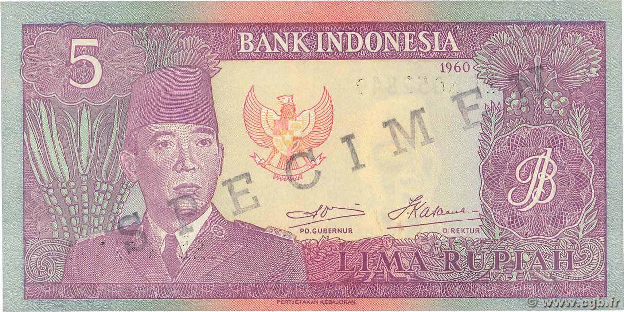 5 Rupiah Spécimen INDONESIA  1960 P.082as UNC-