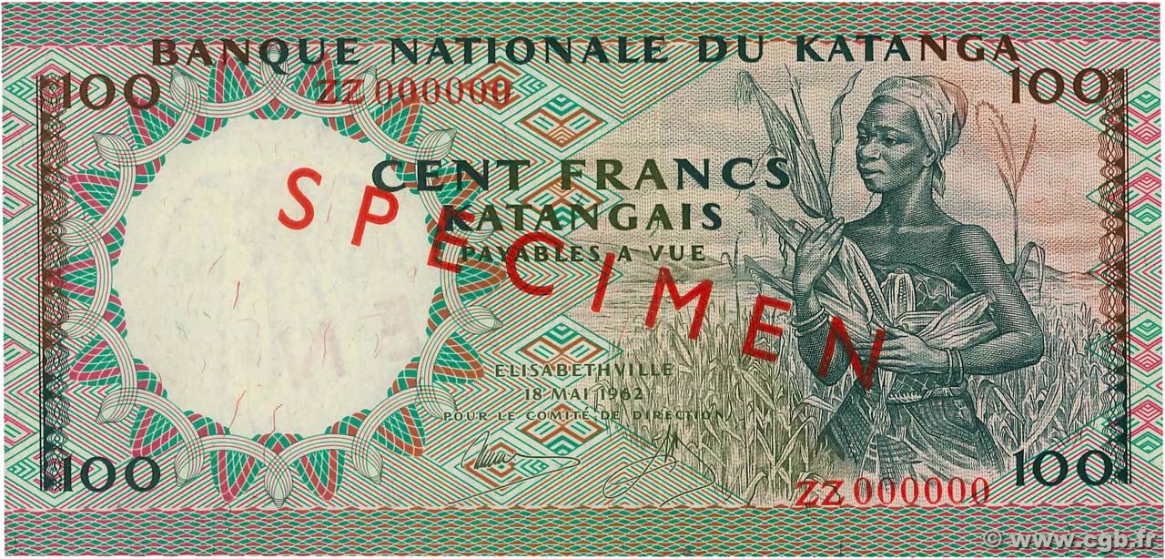 100 Francs Spécimen KATANGA  1962 P.12as pr.NEUF