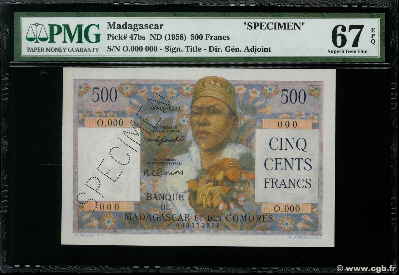 500 Francs Spécimen MADAGASCAR  1950 P.047bs FDC