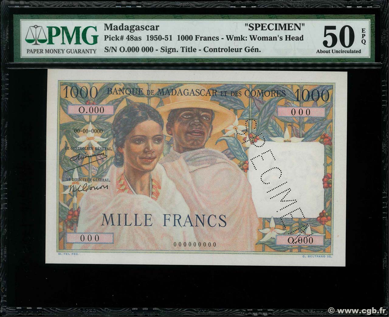 1000 Francs Spécimen MADAGASCAR  1950 P.048as XF+