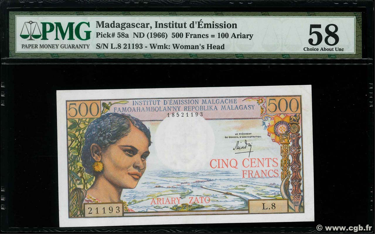 500 Francs - 100 Ariary MADAGASCAR  1966 P.058a SPL