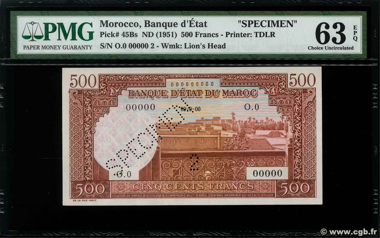 500 Francs Marrakech non émis Spécimen MAROKKO  1951 P.45Bs fST+