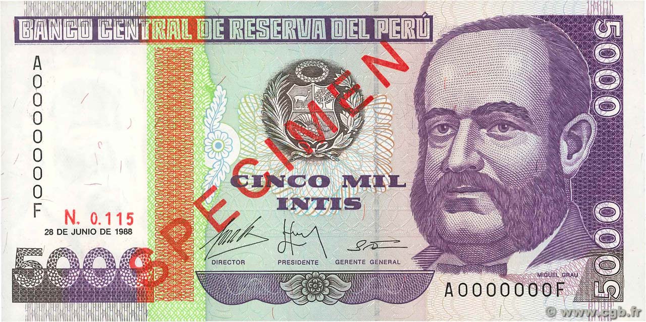 5000 Intis Spécimen PERU  1988 P.138s FDC