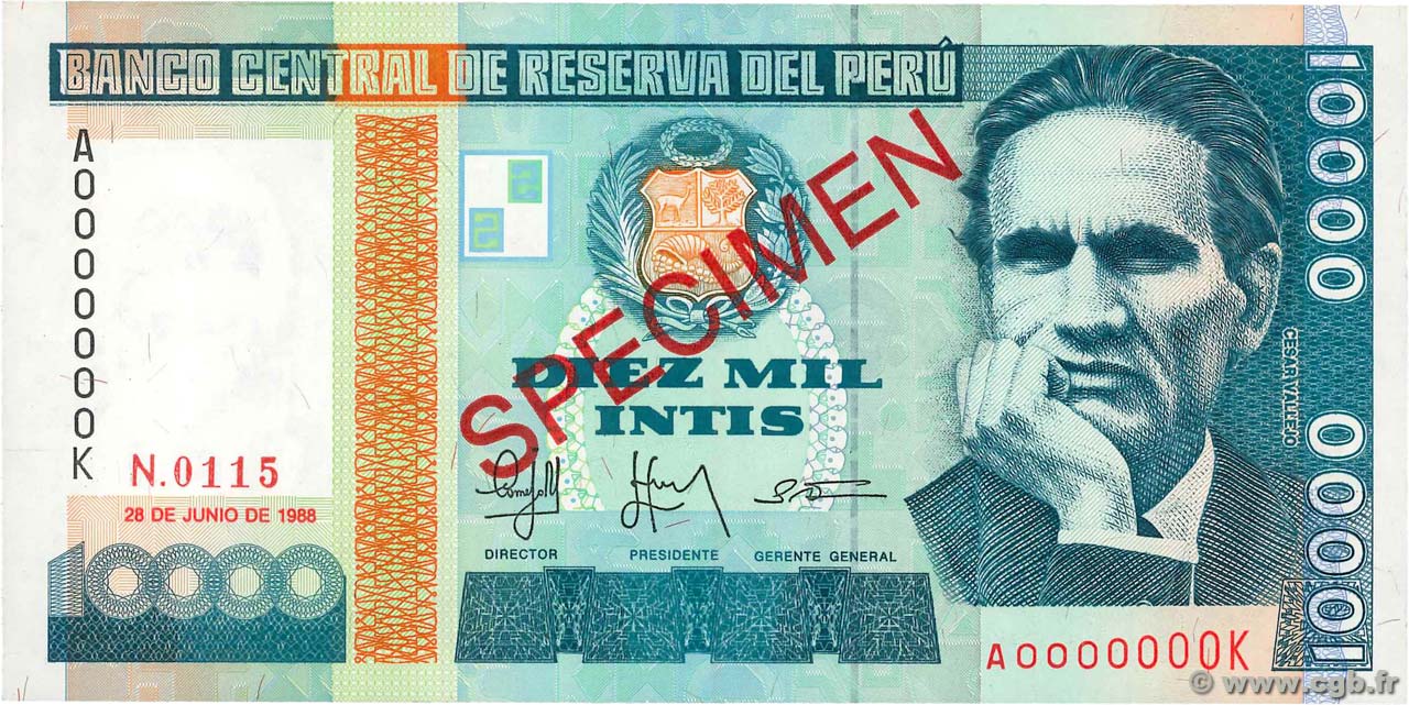 10000 Intis Spécimen PERU  1988 P.140s UNC