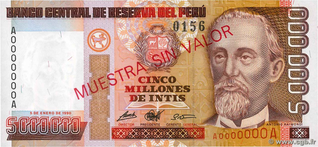 5000000 Intis Spécimen PERú  1990 P.149s FDC