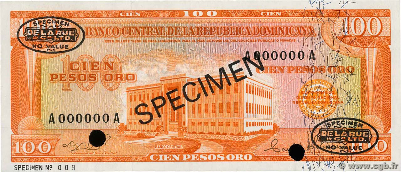 100 Pesos Oro Spécimen RÉPUBLIQUE DOMINICAINE  1964 P.104s5 NEUF