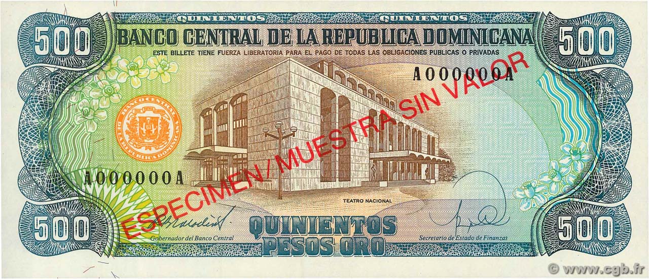 500 Pesos Oro Spécimen DOMINICAN REPUBLIC  1988 P.129s UNC